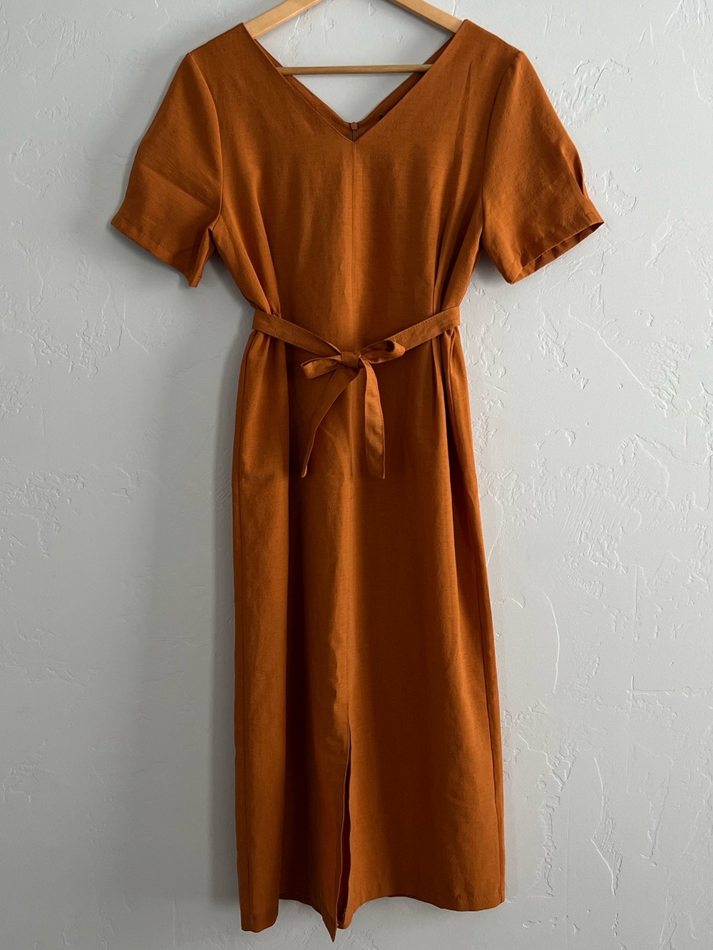 Golden Orange Midi Dress V Neck Belted Short Sleeve A-Line Shift Silhouette No.1